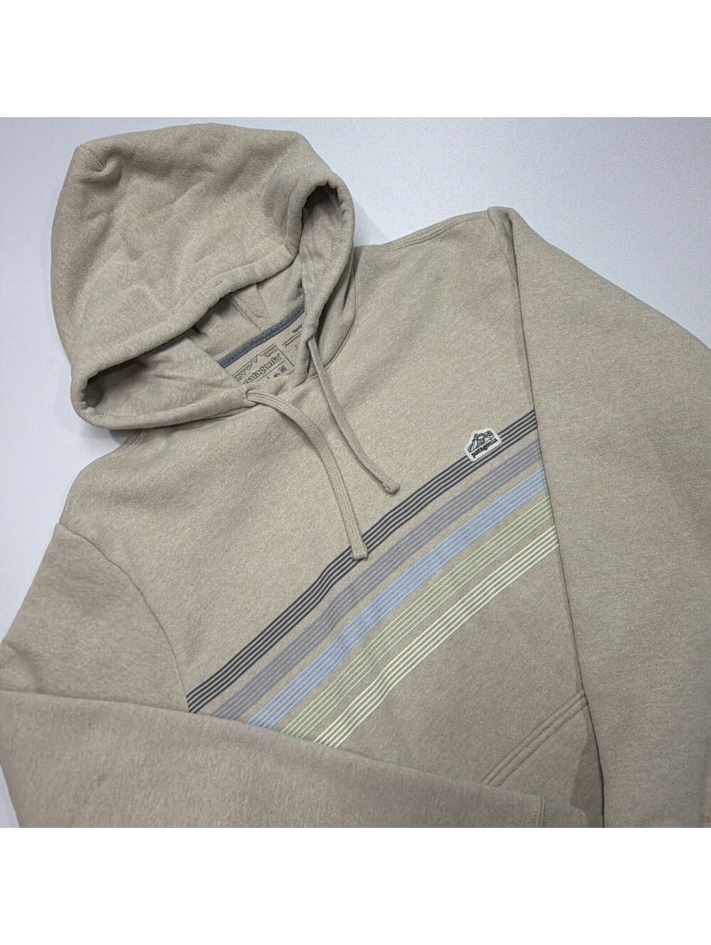 Patagonia Line Logo Ridge Stripe Uprisal Tan Hoodie Sweatshirt Women's L Men's M